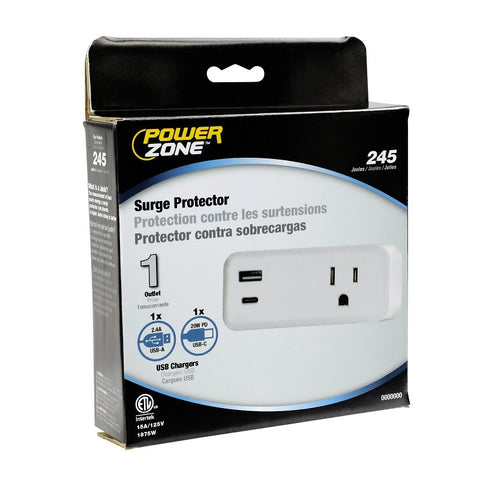 Powerzone ORSUC416 Surge Protector, 15 A, 125 V, 2-USB Port, 1-Outlet, White