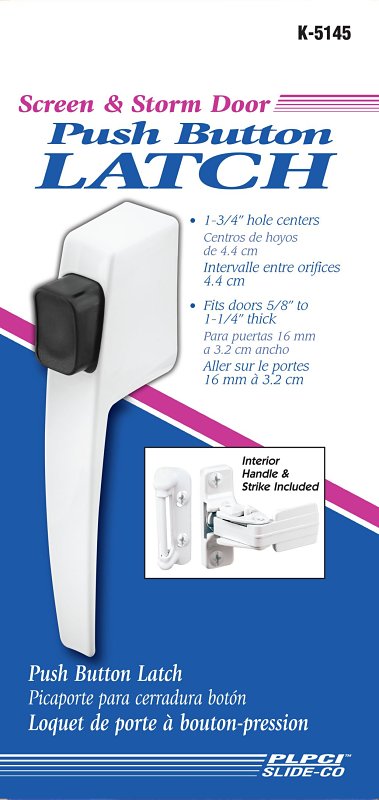 Prime-Line K 5145 Pushbutton Latch, White, 1-3/4 in Hole Spacing, Aluminum, 5/8 to 1-1/4 in Thick Door