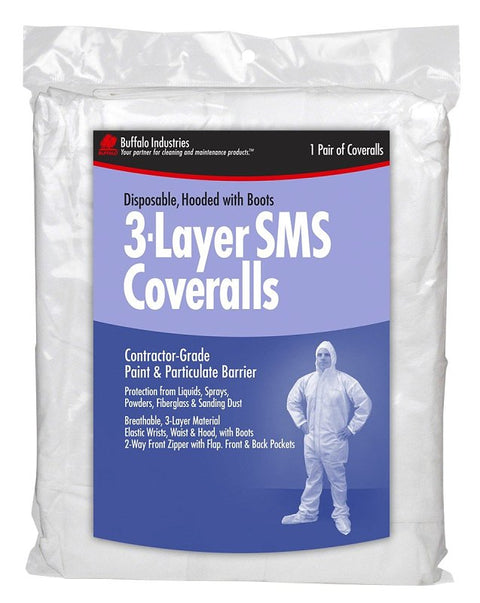 Buffalo 68441 3-Layer SMS Coveralls, L, Zipper, Polypropylene