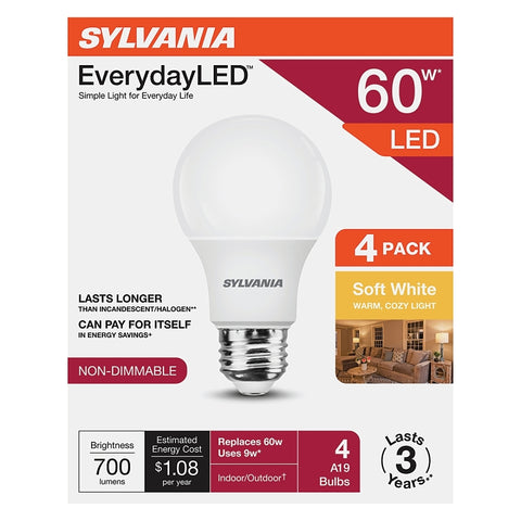 Sylvania 42014 LED Bulb, A19 Lamp, E26 Medium Lamp Base, No, Frosted, Soft White, 2700 K Color Temp