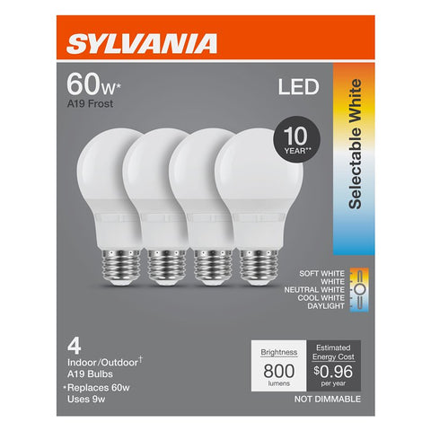 Sylvania 42479 LED Bulb, 5CCT Selectable, A19 Lamp, 60 W Equivalent, E26 Medium Lamp Base, Dimmable, Frosted, Pack of 4