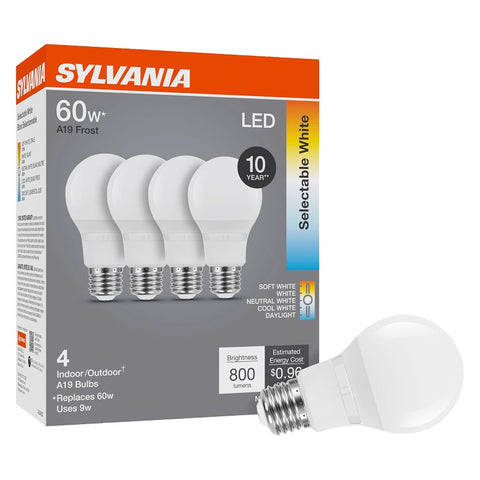 Sylvania 42479 LED Bulb, 5CCT Selectable, A19 Lamp, 60 W Equivalent, E26 Medium Lamp Base, Dimmable, Frosted, Pack of 4