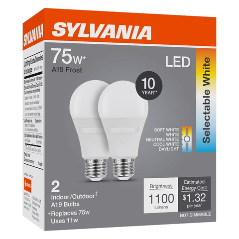 Sylvania Contractor Series 42481 LED Light Bulb, A19 Lamp, 75 W Equivalent, E26 Medium Lamp Base, Frosted
