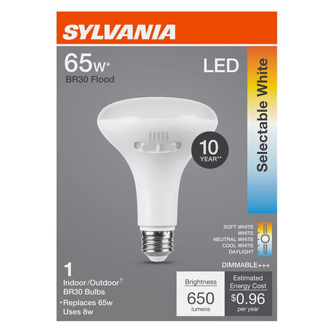 Sylvania 42575 LED Bulb, 5CCT Selectable, BR30 Lamp, 65 W Equivalent, E26 Medium Lamp Base, Dimmable, White, Pack of 4