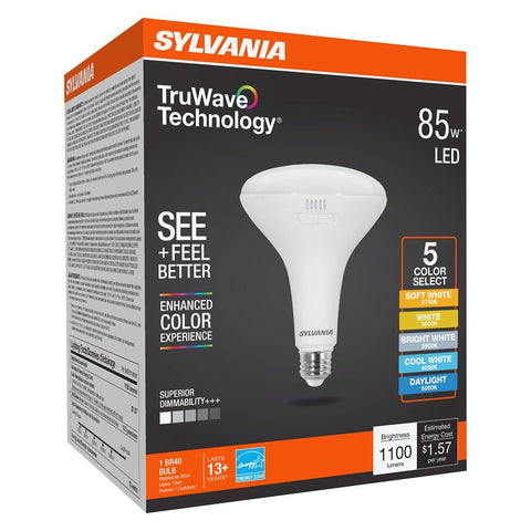 Sylvania TruWave 42108 LED Bulb, 5CCT Selectable, BR40 Lamp, 85 W Equivalent, E26 Medium Lamp Base, Dimmable, Frosted, Pack of 4