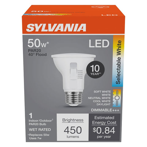 Sylvania 42565 LED Bulb, 5CCT Selectable, PAR20 Lamp, 50 W Equivalent, E26 Medium Lamp Base, Dimmable, Frosted, Pack of 4