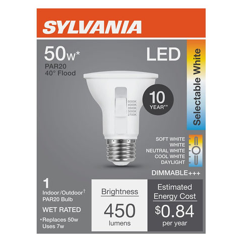 Sylvania 42565 LED Bulb, 5CCT Selectable, PAR20 Lamp, 50 W Equivalent, E26 Medium Lamp Base, Dimmable, Frosted, Pack of 4