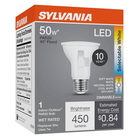 Sylvania 42565 LED Bulb, 5CCT Selectable, PAR20 Lamp, 50 W Equivalent, E26 Medium Lamp Base, Dimmable, Frosted, Pack of 4