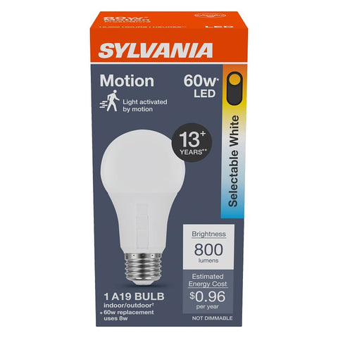 Sylvania 42561 Motion Sensor LED Lamp, A19 Lamp, 60 W Equivalent, E26 Medium Lamp Base, Non-Dimmable, Frosted, Pack of 6
