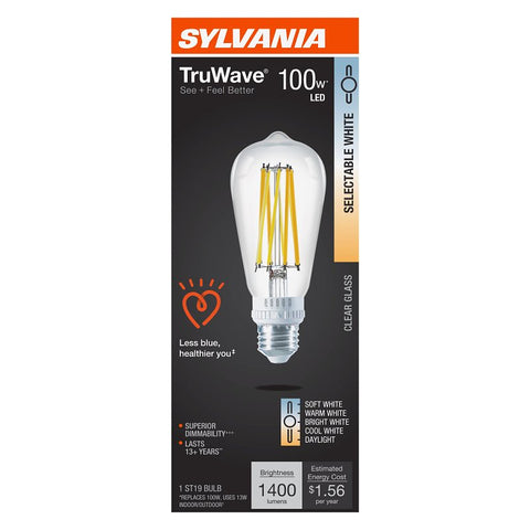 Sylvania TruWave 42270 LED Bulb, 5CCT Selectable, ST19 Lamp, 100 W Equivalent, E26 Medium Lamp Base, Dimmable, Clear, Pack of 4