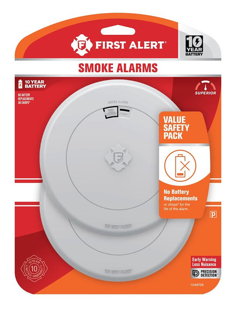 First Alert 1046736 Smoke Alarm, Photoelectric Sensor, 85 dB, Alarm: Audible, White, Pack of 2