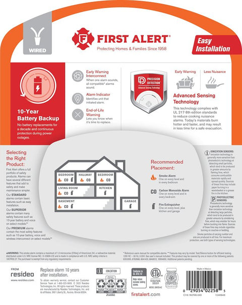 First Alert 1046848 Smoke Alarm, Ionization Sensor, 85 dB, Alarm: Audible, Visual, White