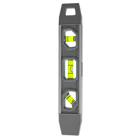 Johnson 1405-0900 Torpedo Level, 9 in L, 3-Vial, Magnetic, Aluminum/Rubber, Gray