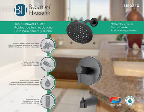 Boston Harbor F1A1F507BL Faucet, 1.75 gpm at 80 psi GPM (L/MIN) PSI Showerhead, 1 Spray Settings, Zinc Tub Spout