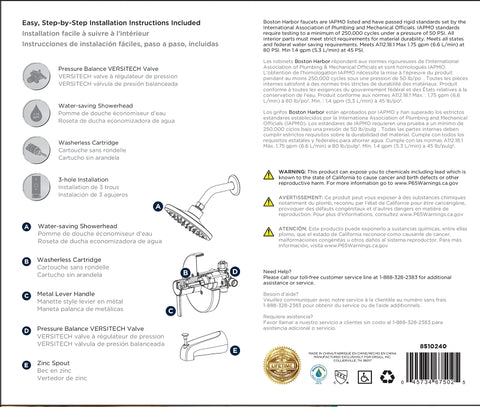 Boston Harbor F1A1F507BL Faucet, 1.75 gpm at 80 psi GPM (L/MIN) PSI Showerhead, 1 Spray Settings, Zinc Tub Spout