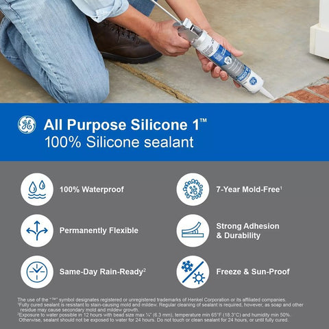 GE Silicone 1 2749483 All Purpose Sealant, White, 24 hr Curing, 10.1 fl-oz Cartridge, Pack of 12