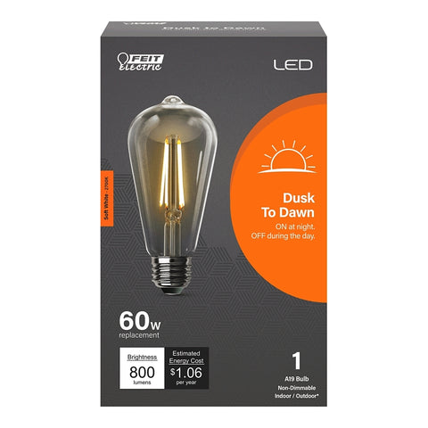 Feit Electric ST19CL927CA/DD/FILED Filament LED Bulb, Straight Tubular, Dusk-to-Dawn, ST19 Lamp, 60 W Equivalent, Clear