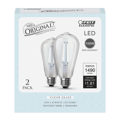 Feit Electric ST19100CL/950CA/2 Filament LED Bulb, Original Vintage, ST19 Lamp, 100 W Equivalent, E26 Medium Lamp Base