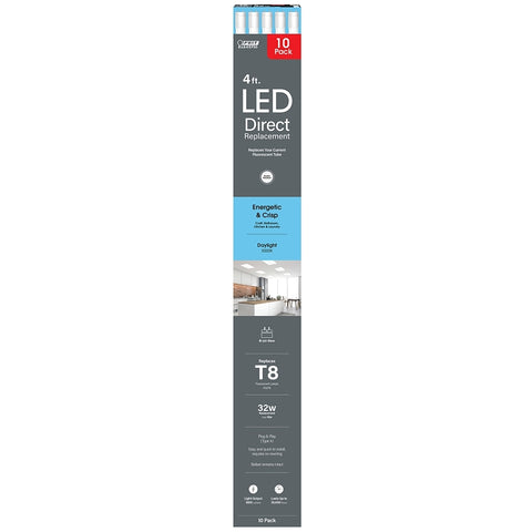 Feit Electric T848/850/LED/10 Linear LED Tube, Type A, works with ballast, 1800 Lumens, 18 W, T8 Tubular Lamp, Bi-Pin Lamp Base, Non-Dimmable, 10 PK