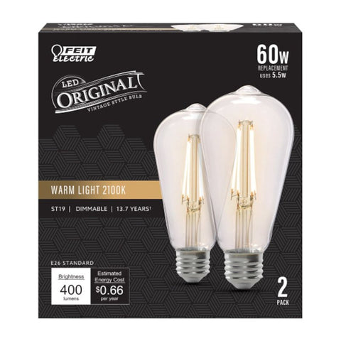 Feit Electric ST19/CL/VG/LED/2 LED Light Bulb, ST19 Lamp, 60 W Equivalent, E26 Medium Lamp Base, Dimmable, Amber/Clear