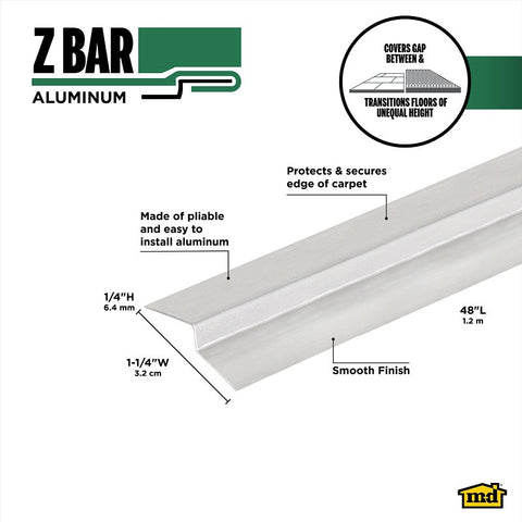 M-D 65110 Z-Bar, 48 in L, 1-1/4 in W, Aluminum, Mill