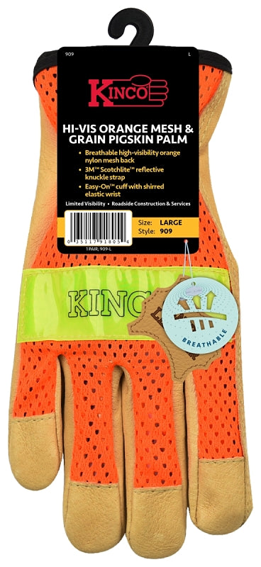 Kinco 909-L Reflective Gloves, Men's, L, Keystone Thumb, Easy-On Cuff, Nylon Back, Gold/Hi-Vis Orange