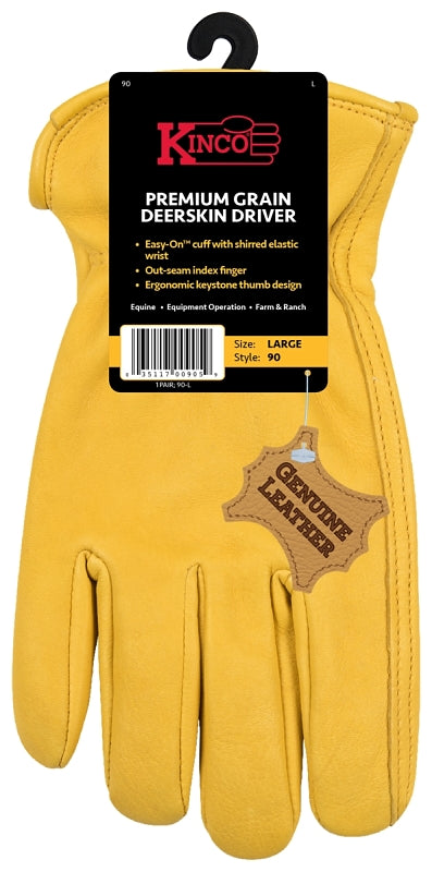 Kinco 90-M Driver Gloves, M, Keystone Thumb, Shirred Elastic Cuff, Deerskin Leather, Tan