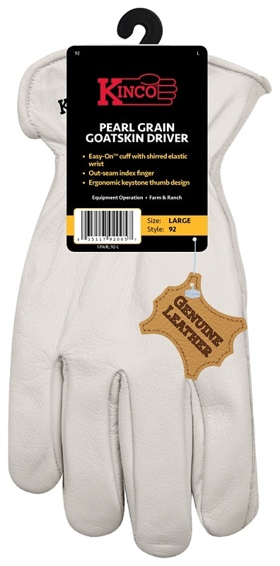 Kinco 92-XL Driver Gloves, Men's, XL, Keystone Thumb, Easy-On Cuff, Grain Goatskin Leather, Pearl
