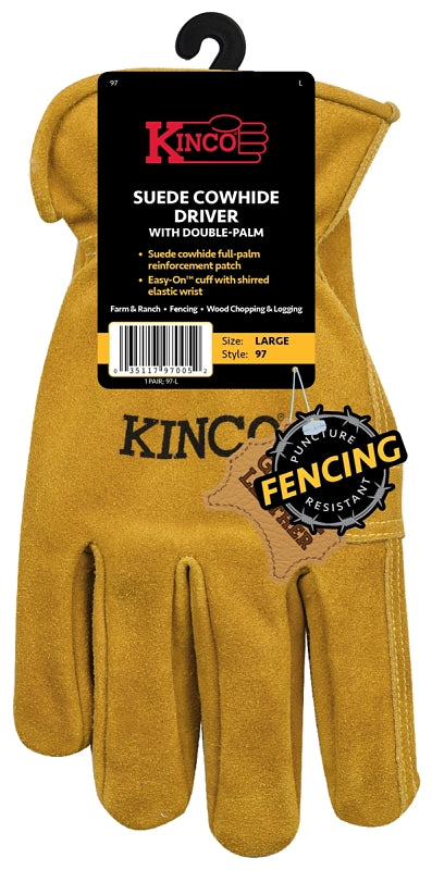 Kinco 97-L Gloves, Men's, L, Keystone Thumb, Shirred Elastic Cuff, Cowhide Leather, Gold
