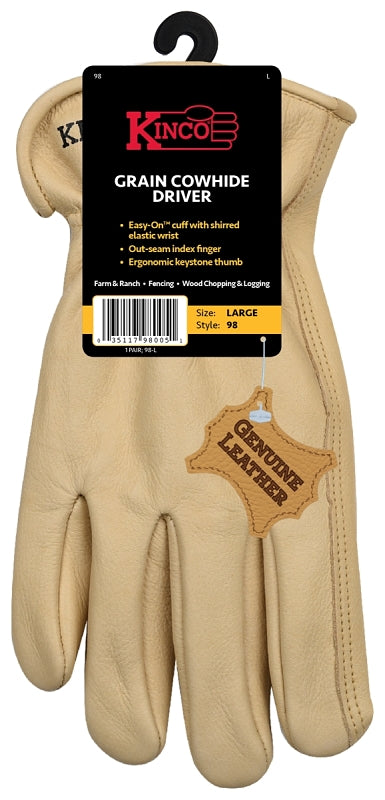 Kinco 98-L Driver Gloves, Men's, L, Keystone Thumb, Easy-On Cuff, Cowhide Leather, Tan