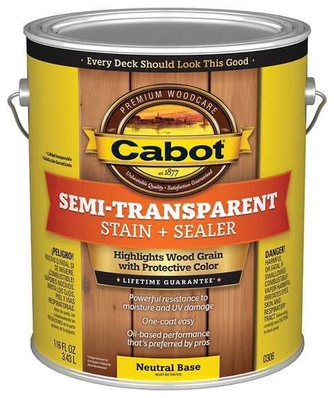 Cabot 0306 Semi Transparent Stain, Neutral Base, Liquid, 1 gal, Can, Pack of 4