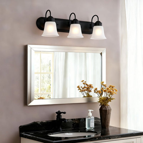 Boston Harbor OG24016 Vanity Light, 60 W, 3-Lamp, 24 in W, Steel Fixture, Matte Black Fixture with Frosted White Glass