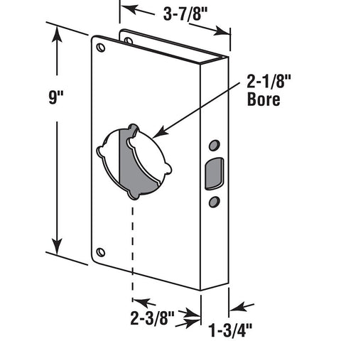 Prime-Line U 9548 Lock and Door Reinforcer, 2-3/8 in Backset, 1-3/4 in Thick Door, Brass, 9 in H, 3-7/8 in W