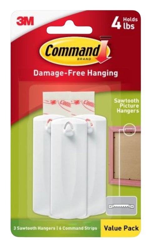 Command 17042 Picture Hanger, 5 lb, Plastic, White, 1-1/8 in Opening, Adhesive Strip, Pack of 4