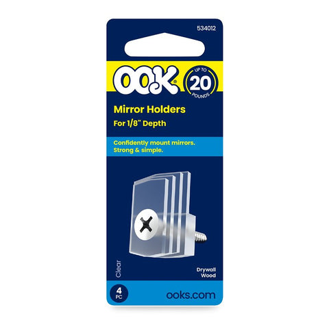 OOK 50224 Mirror Clip Set, 1/8 in L Dimensions, 20 lb, Plastic, Clear, Wall, 10/PK