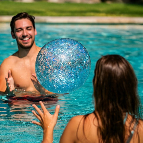 PoolCandy PCL1752AQG Beach Ball, 13-3/4 in Dia, PVC, Aqua Glitter