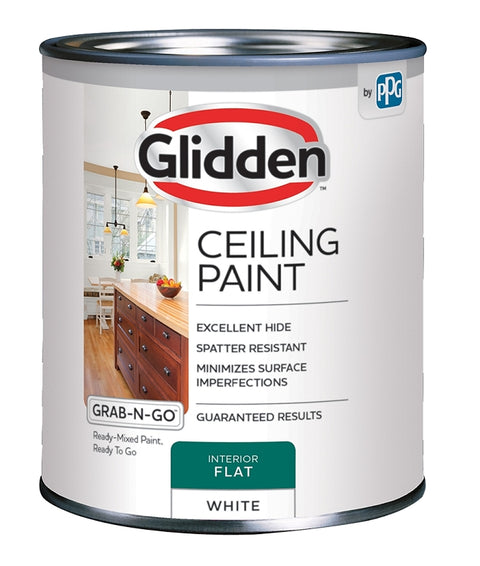 Glidden Grab-N-Go 2070T/04 Ceiling Paint, Flat, White, 1 qt, Resists: Spatter, Latex Base