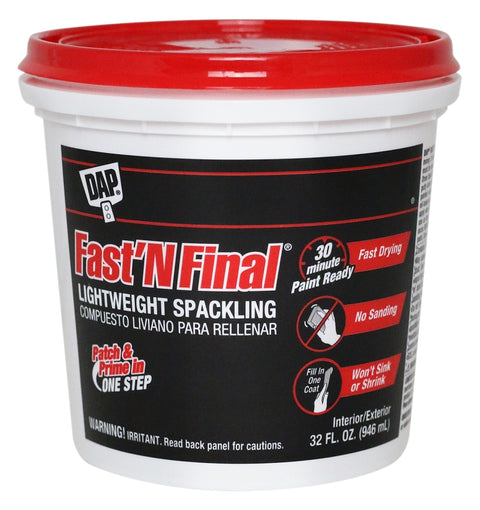 DAP 12142 Lightweight Spackling, Latex, Oil Base, White, 1 qt Tub