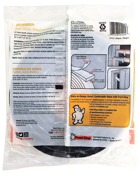 Frost King R734H Foam Tape, 3/4 in W, 10 ft L, 7/16 in Thick, Rubber, Black