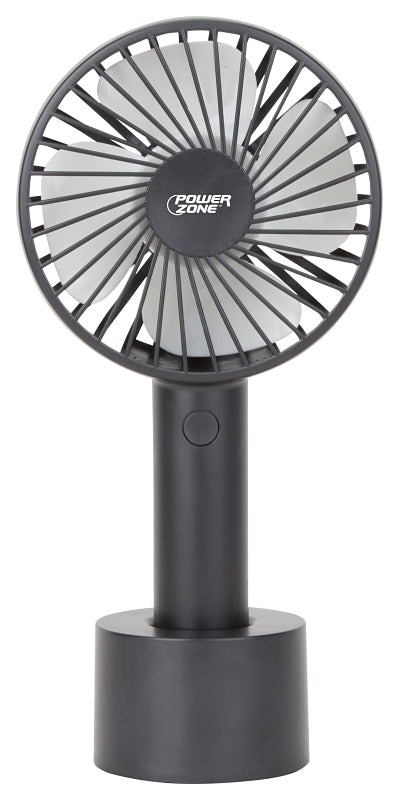 PowerZone 802B Rechargeable Handheld Fan, 5 VAC, 4 in Dia Blade, 4-Blade, 3-Speed, Black