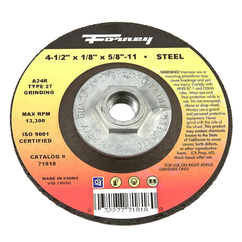 Forney 71818 Grinding Wheel, 4-1/2 in Dia, 1/8 in Thick, 5/8-11 in Arbor, Aluminum Oxide/Metal Abrasive