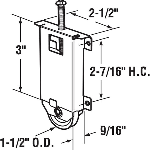 Prime-Line N 6630 Door Roller, 1-1/2 in Dia Roller, Steel, 1-Roller, Bottom Mounting