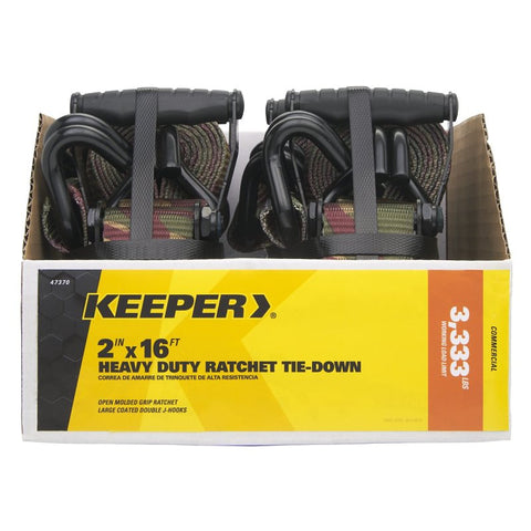 Keeper 47370-4C Tie-Down Ratchet, 2 in W, 16 ft L, Woodland Camouflage, 3333 lb Working Load, Double J-Hook End