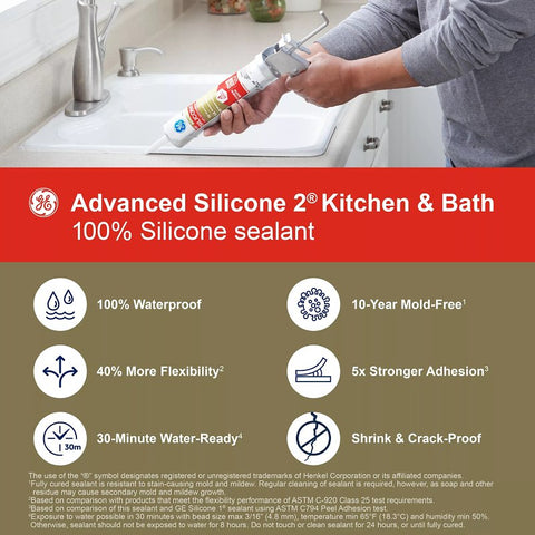 GE Advanced Silicone 2 2812565 Kitchen & Bath Sealant, White, 24 hr Curing, 10.1 fl-oz Cartridge, Pack of 12