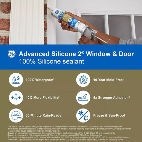 GE Advanced Silicone 2 2813701 Window & Door Sealant, Brown, 24 hr Curing, 10.1 fl-oz Cartridge, Pack of 12