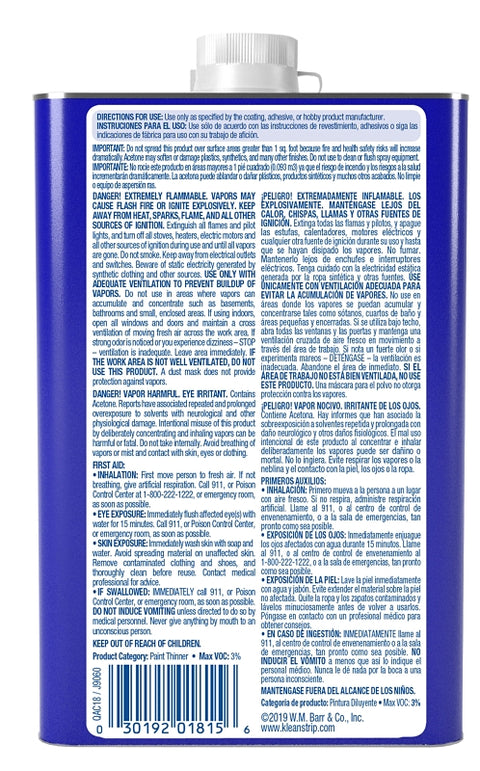 Klean Strip QAC18 Acetone Thinner, Liquid, Characteristic Ketone, Sweet Pungent, Clear, 1 qt, Can, Pack of 6