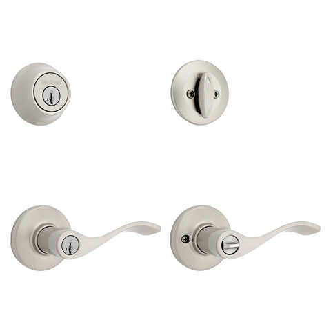 Kwikset 96900-420 Deadbolt Security Set, Keyed Entry Lock, Lever Handle, Balboa Design, Satin Nickel, Turn Piece, Zinc