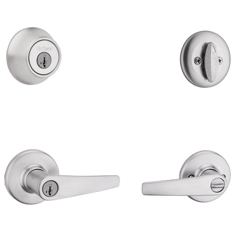 Kwikset 96900-427 Deadbolt Security Set, Keyed Entry Lock, Lever Handle, Balboa Design, Satin Chrome, Turn Piece