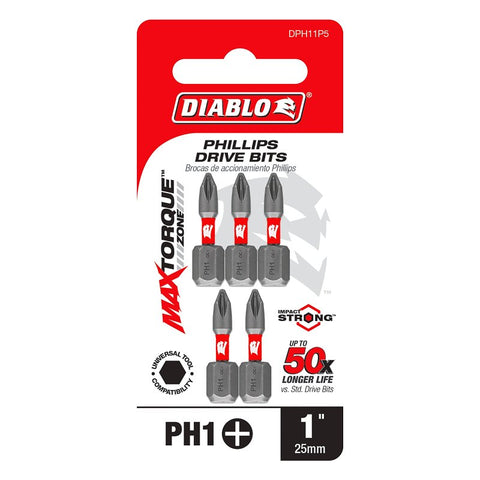 Diablo DPH11P5 Drive Bit, #1 Drive, Phillips Drive, 1/4 in Shank, Hex Shank, 1 in L