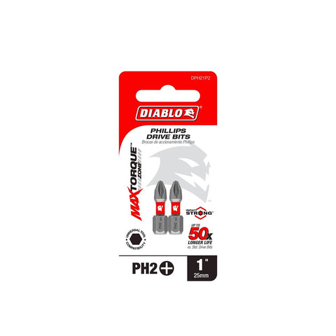 Diablo DPH21P2 Drive Bit, #2 Drive, Phillips Drive, 1/4 in Shank, Hex Shank, 1 in L